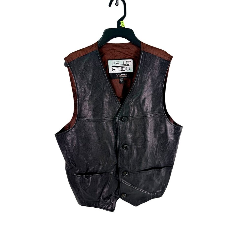 Vintage Wilsons Pelle Studio Mens Black Leather Vest‎ XL Classic Style Button